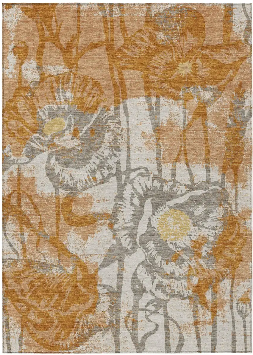 Copper And Orange Floral Washable Indoor Outdoor Area Rug Photo 1