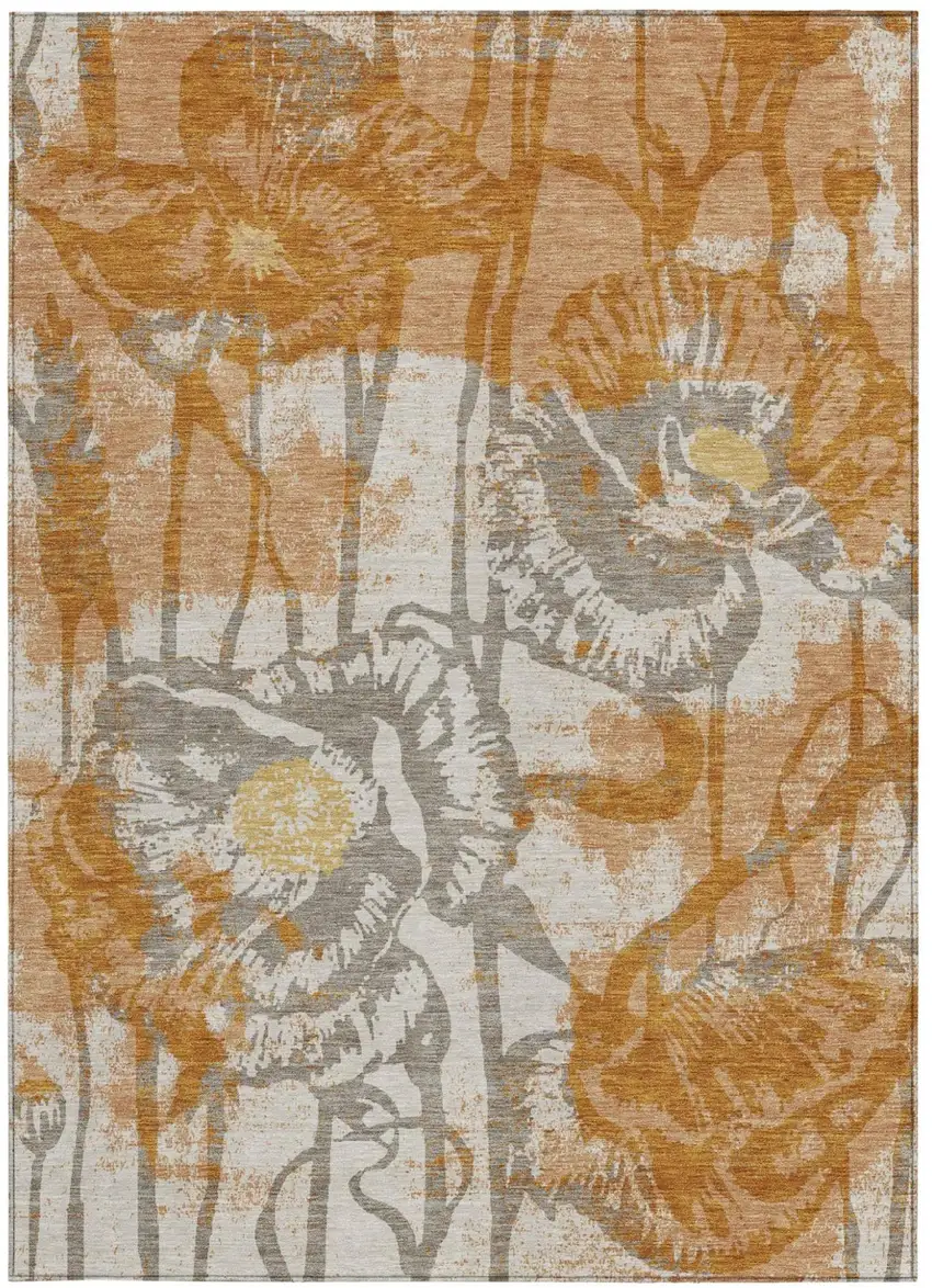 Copper And Orange Floral Washable Indoor Outdoor Area Rug Photo 3