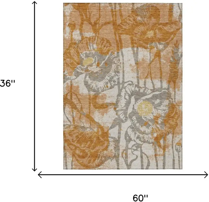 Copper And Orange Floral Washable Indoor Outdoor Area Rug Photo 6