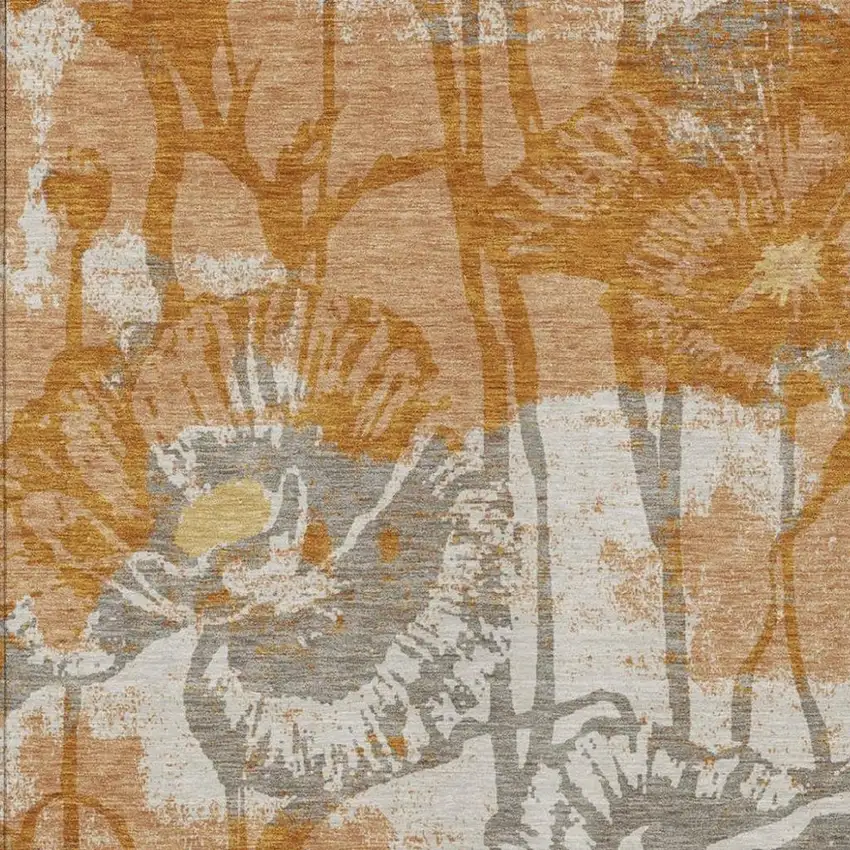 Copper And Orange Floral Washable Indoor Outdoor Area Rug Photo 2