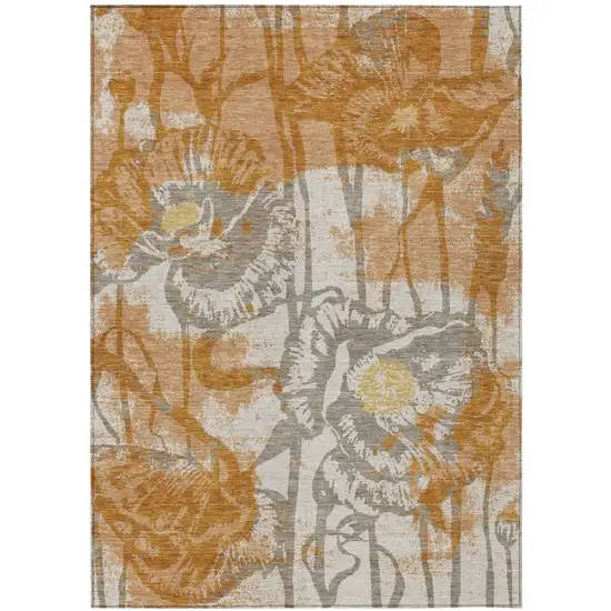 Copper And Orange Floral Washable Indoor Outdoor Area Rug Photo 1