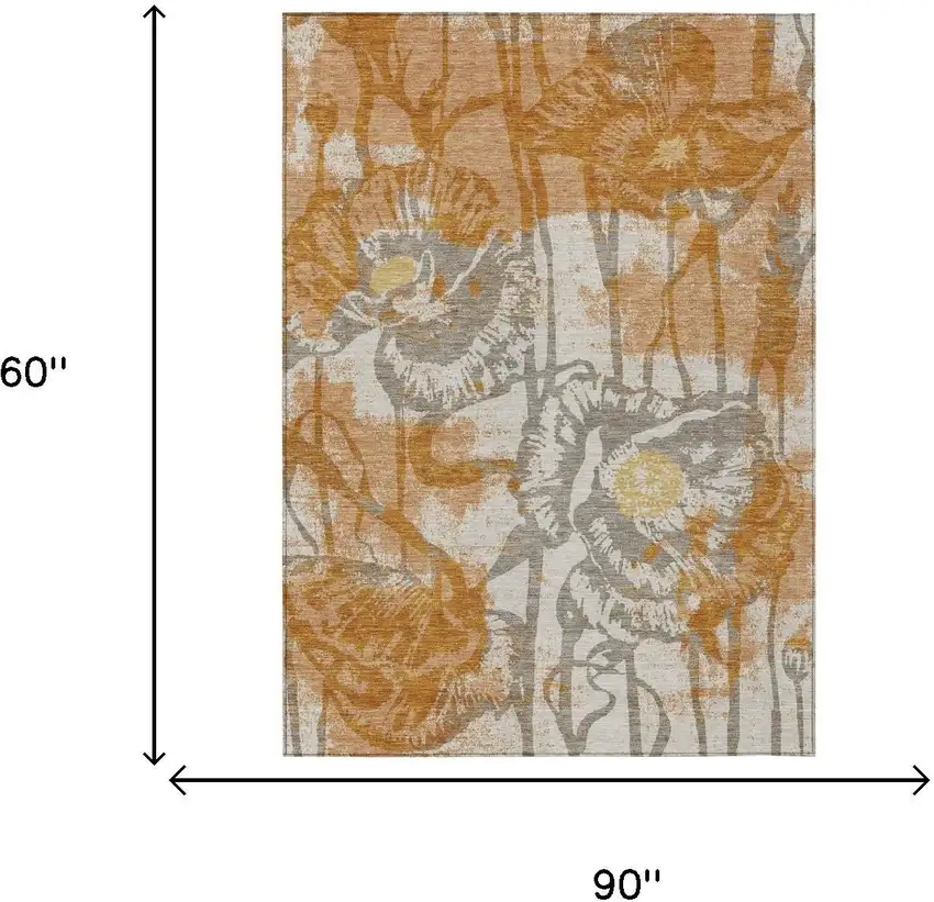 Copper And Orange Floral Washable Indoor Outdoor Area Rug Photo 6
