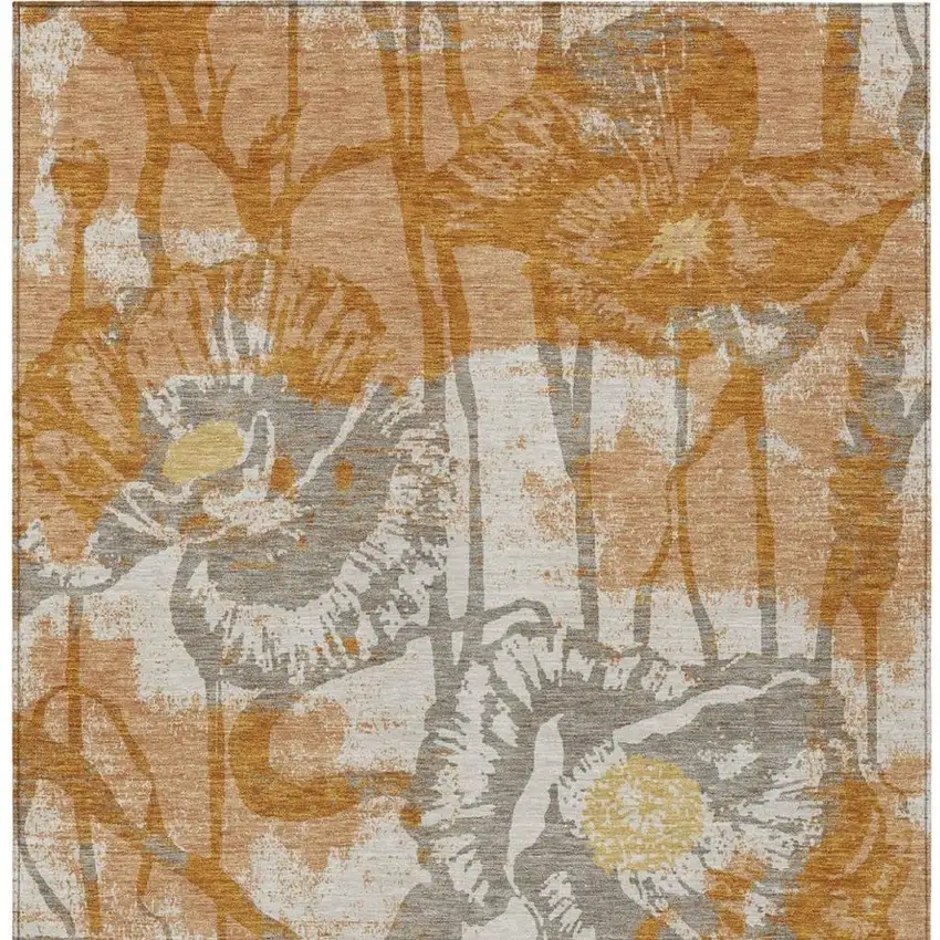 Copper And Orange Floral Washable Indoor Outdoor Area Rug Photo 3