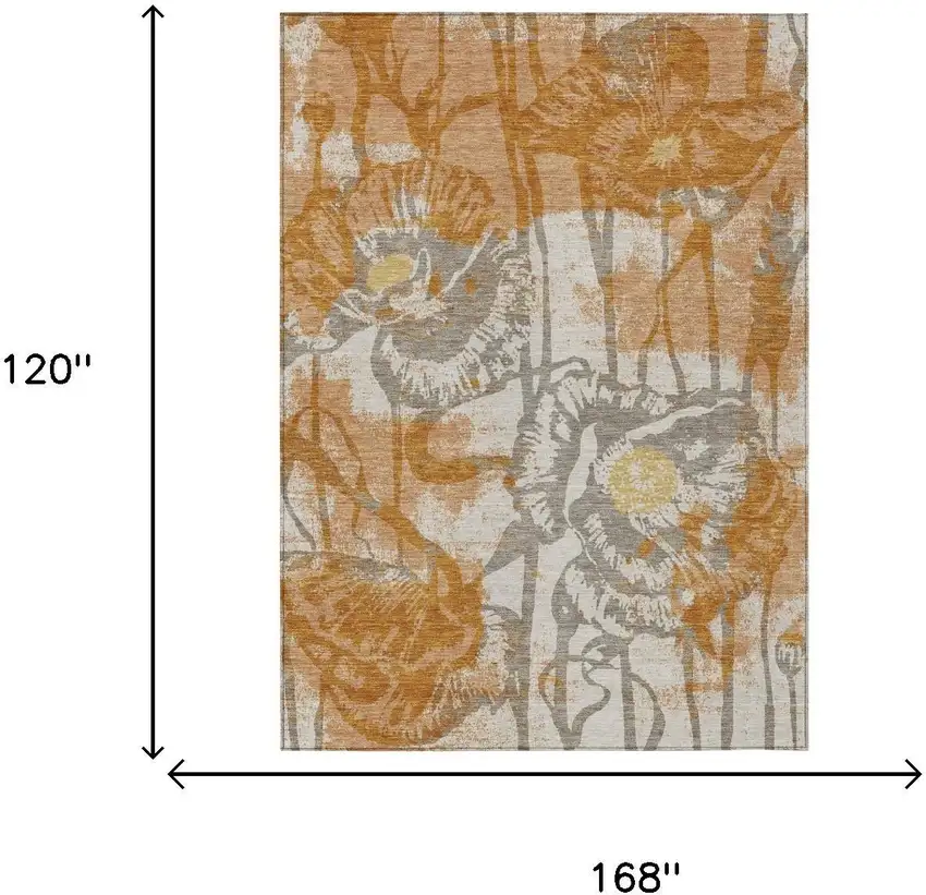 Copper And Orange Floral Washable Indoor Outdoor Area Rug Photo 6