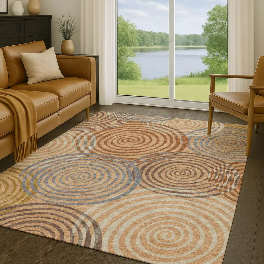 Copper And Orange Geometric Washable Indoor Outdoor Area Rug Photo 5