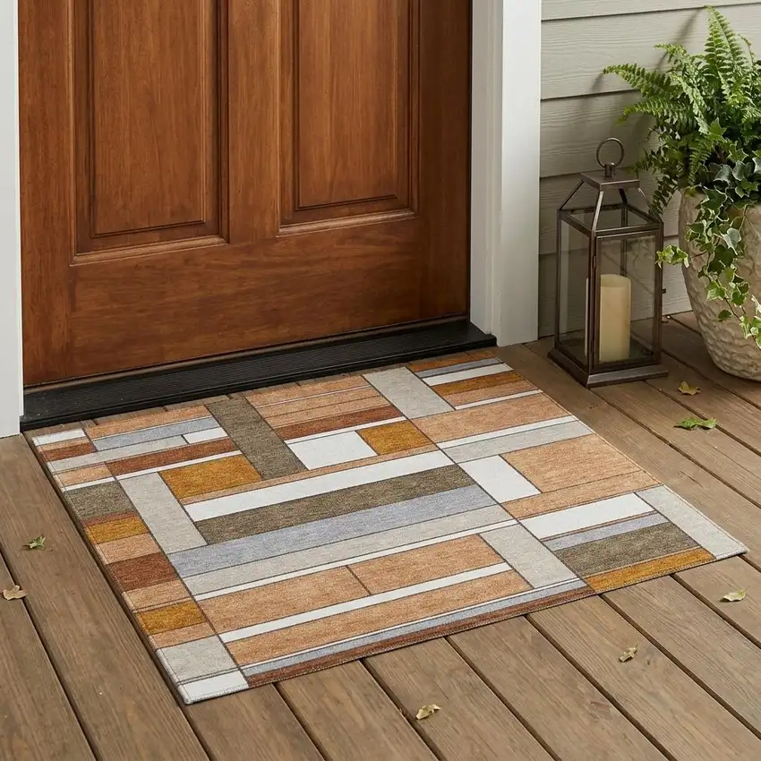Copper And Orange Geometric Washable Indoor Outdoor Area Rug Photo 1
