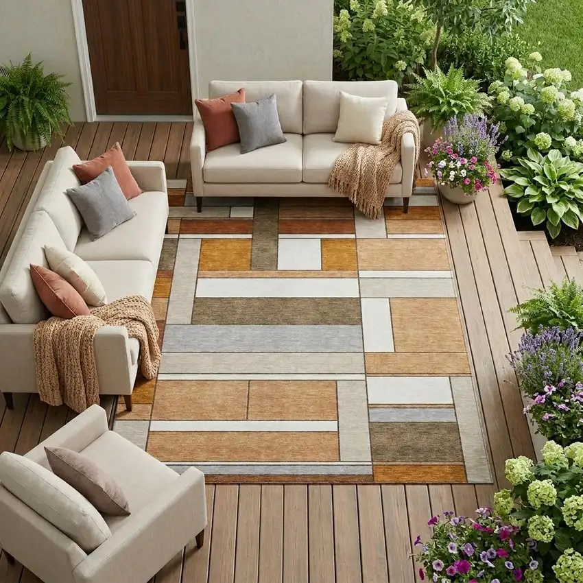Copper And Orange Geometric Washable Indoor Outdoor Area Rug Photo 1