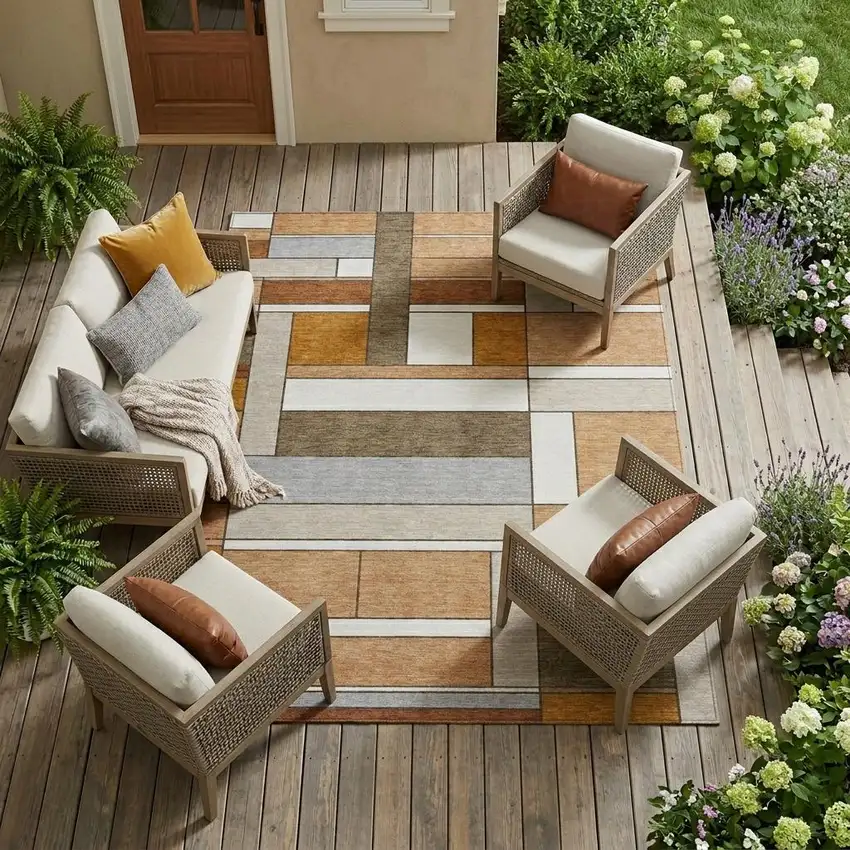 Copper And Orange Geometric Washable Indoor Outdoor Area Rug Photo 1