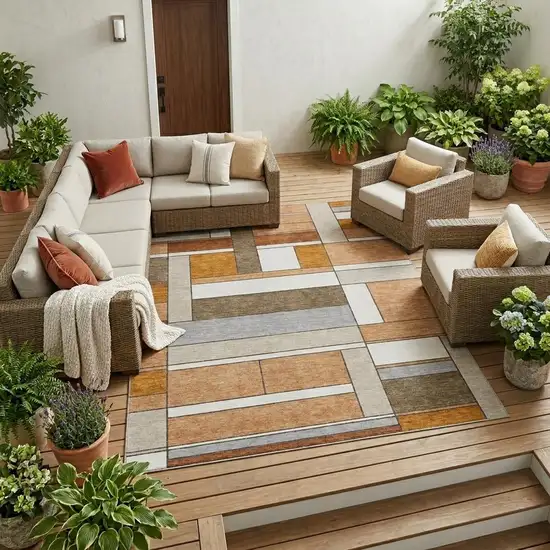 Copper And Orange Geometric Washable Indoor Outdoor Area Rug Photo 1