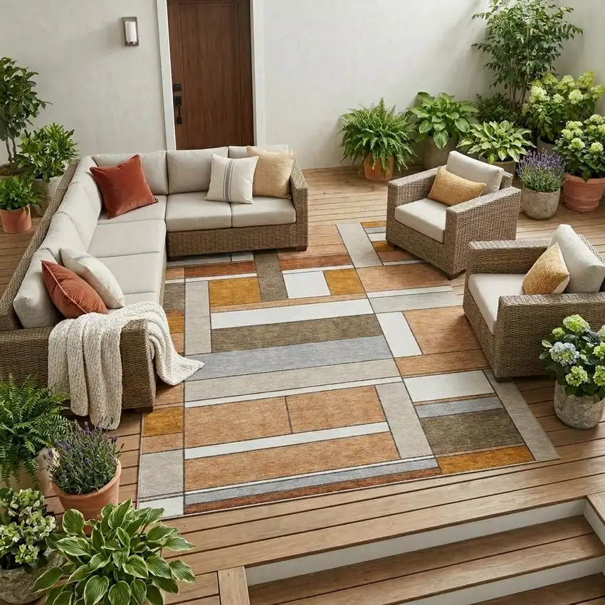 Copper And Orange Geometric Washable Indoor Outdoor Area Rug Photo 1
