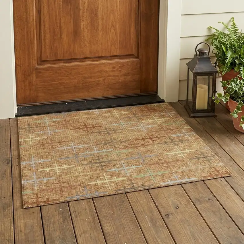 Copper And Orange Geometric Washable Indoor Outdoor Area Rug Photo 1