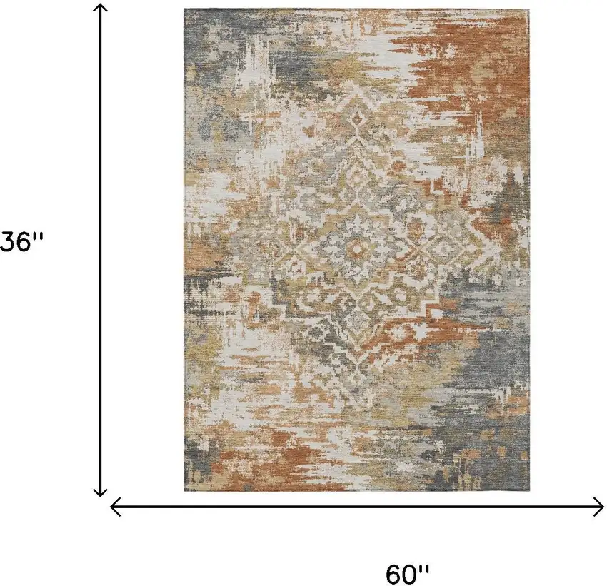 Copper And Orange Medallion Washable Indoor Outdoor Area Rug Photo 5