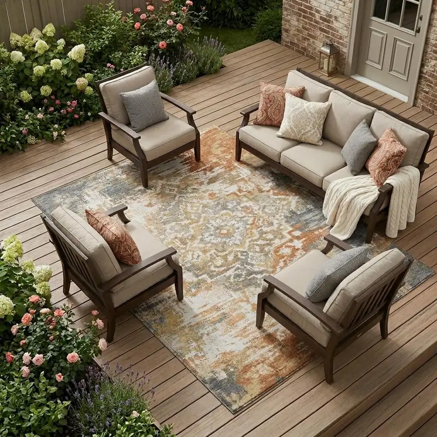 Copper And Orange Medallion Washable Indoor Outdoor Area Rug Photo 1