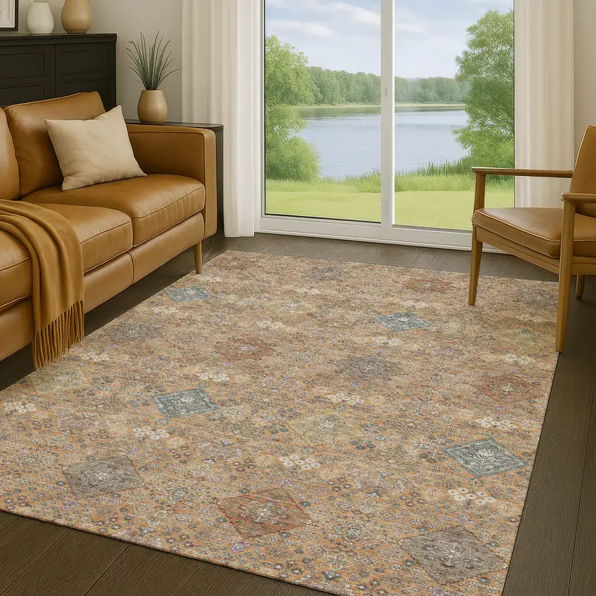 Copper And Orange Oriental Washable Indoor Outdoor Area Rug Photo 5