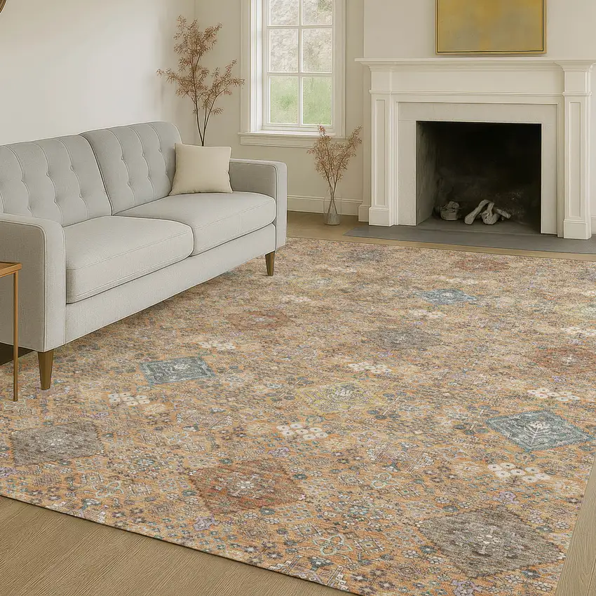 Copper And Orange Oriental Washable Indoor Outdoor Area Rug Photo 6