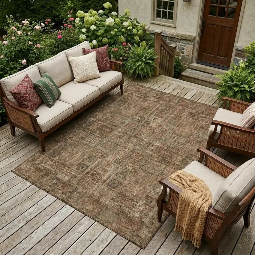 Copper And Orange Oriental Washable Indoor Outdoor Area Rug Photo 1
