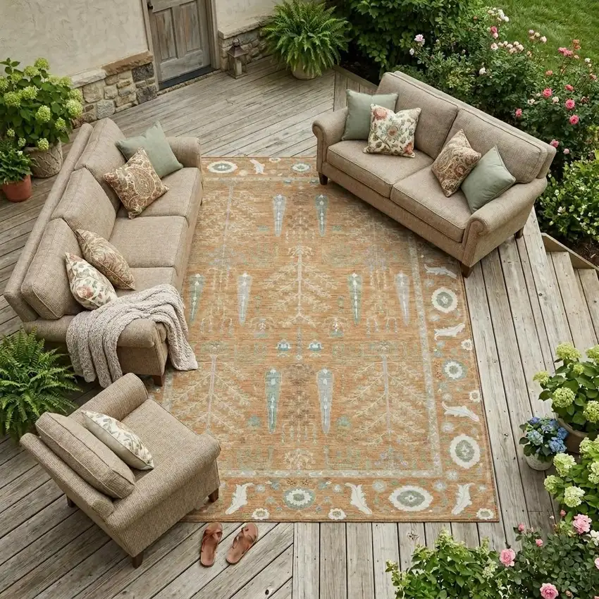 Copper And Orange Oriental Washable Indoor Outdoor Area Rug Photo 1