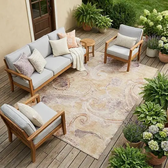 Copper And Orange Paisley Washable Indoor Outdoor Area Rug Photo 1