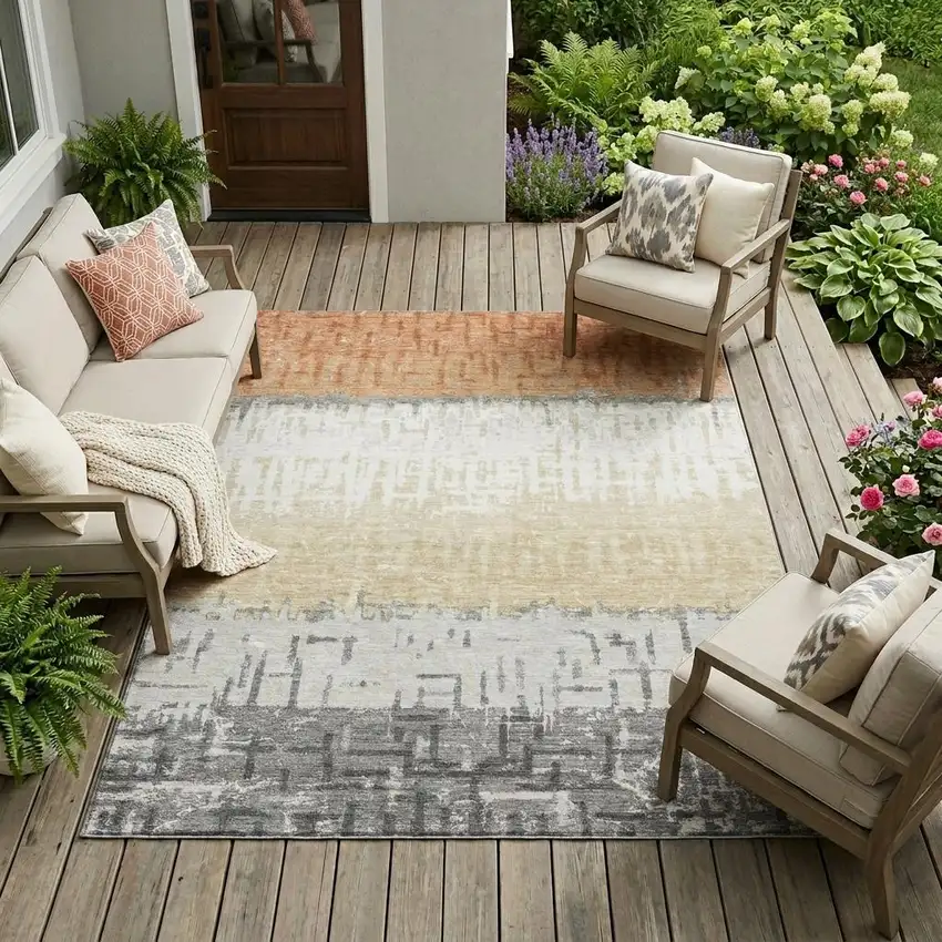 Copper And Orange Striped Washable Indoor Outdoor Area Rug Photo 1