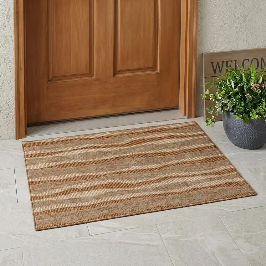 Copper And Orange Striped Washable Indoor Outdoor Area Rug Photo 1