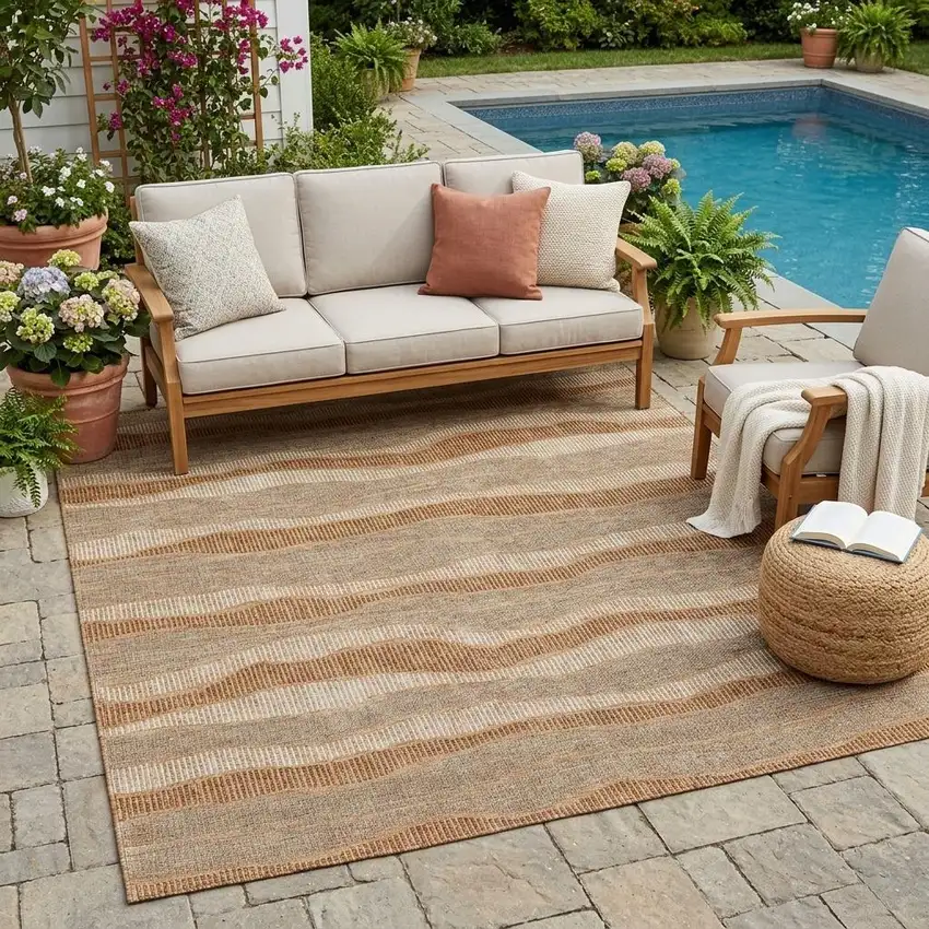 Copper And Orange Striped Washable Indoor Outdoor Area Rug Photo 1