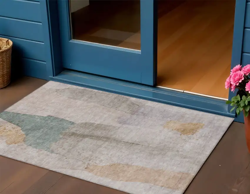 Copper And Pale Aqua Abstract Washable Indoor Outdoor Area Rug Photo 2