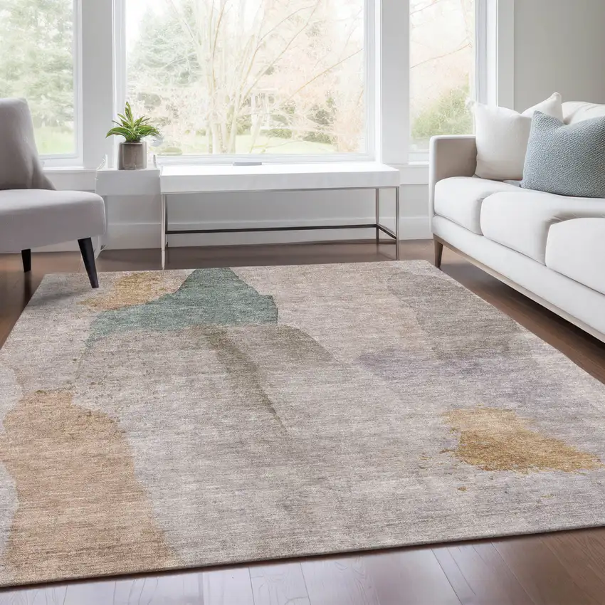 Copper And Pale Aqua Abstract Washable Indoor Outdoor Area Rug Photo 7