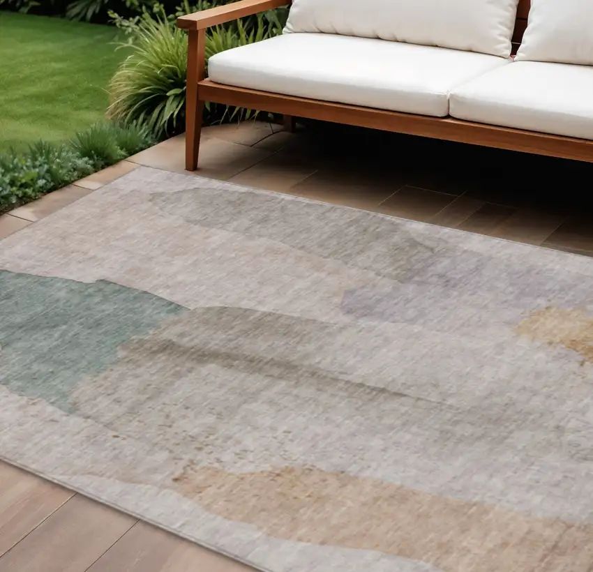 Copper And Pale Aqua Abstract Washable Indoor Outdoor Area Rug Photo 2