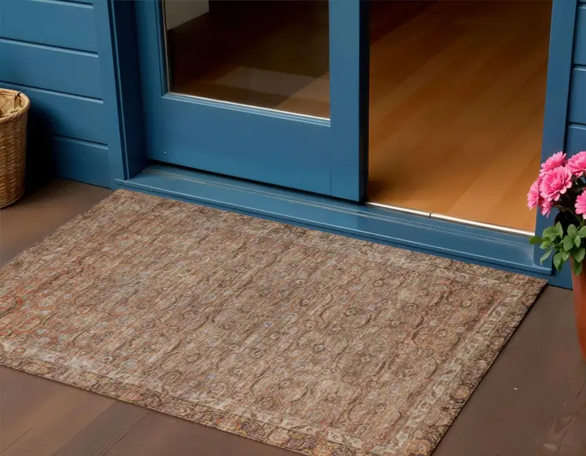 Copper And Peach Floral Washable Indoor Outdoor Area Rug Photo 2