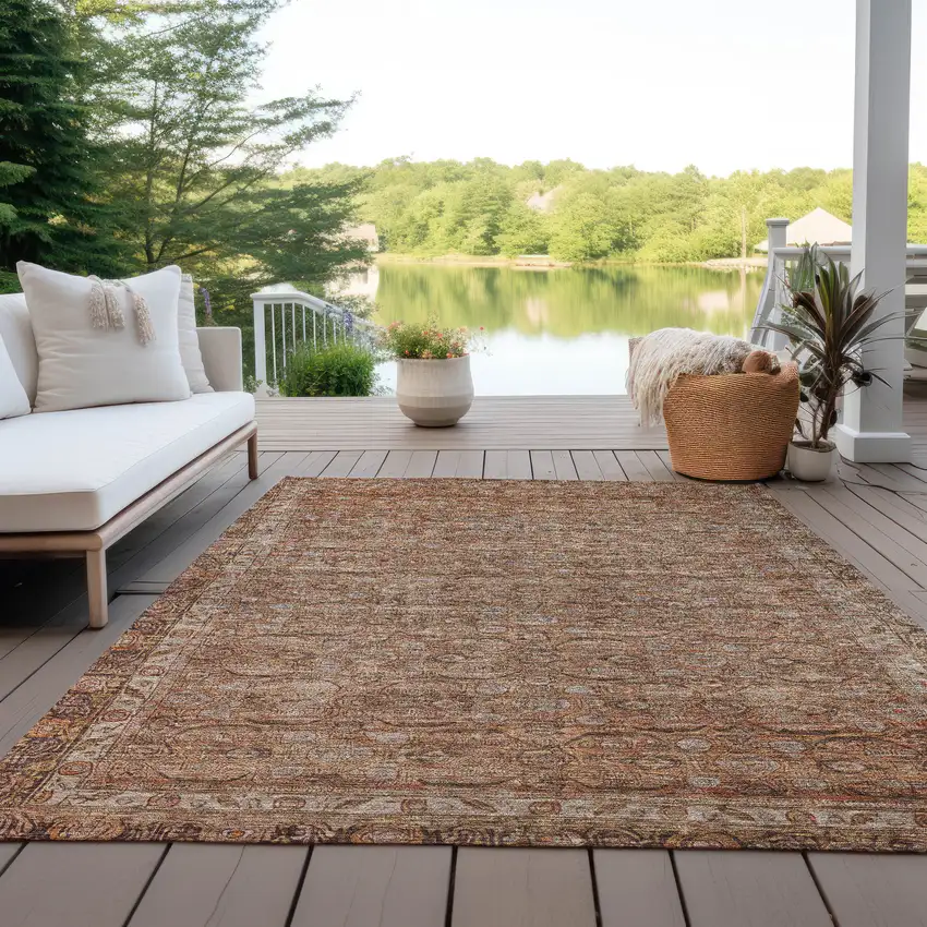 Copper And Peach Floral Washable Indoor Outdoor Area Rug Photo 6