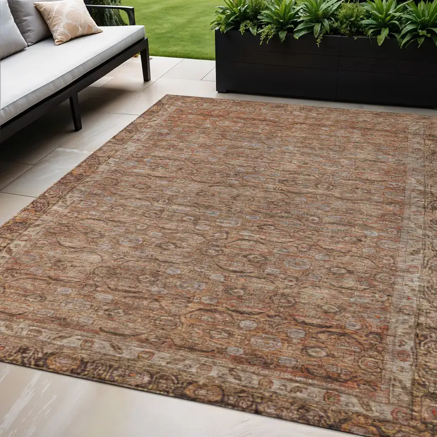 Copper And Peach Floral Washable Indoor Outdoor Area Rug Photo 2