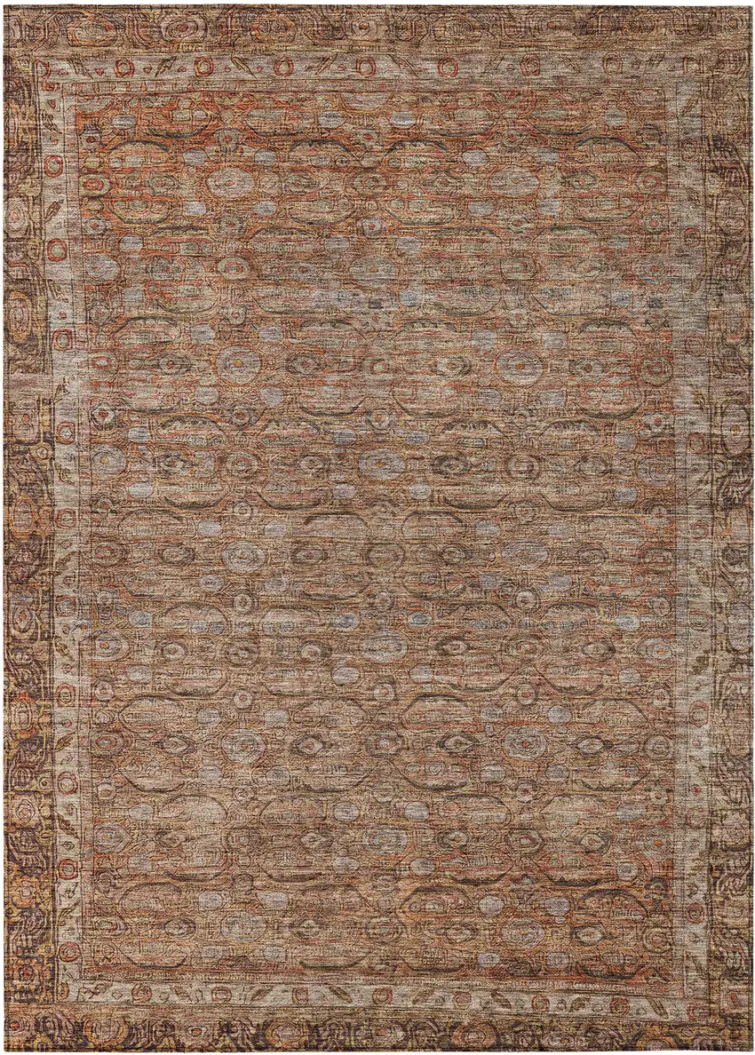 Copper And Peach Floral Washable Indoor Outdoor Area Rug Photo 1