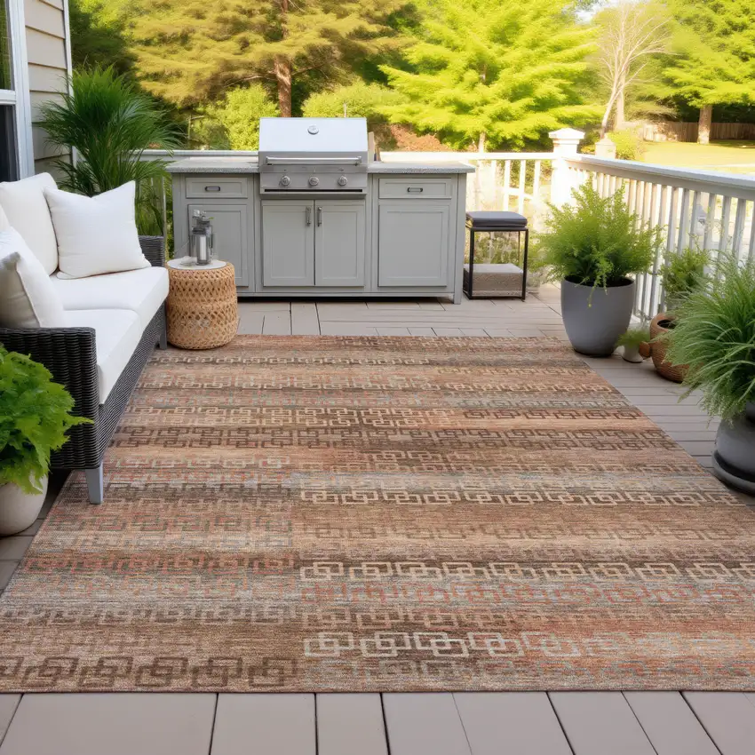 Copper And Peach Striped Washable Indoor Outdoor Area Rug Photo 6