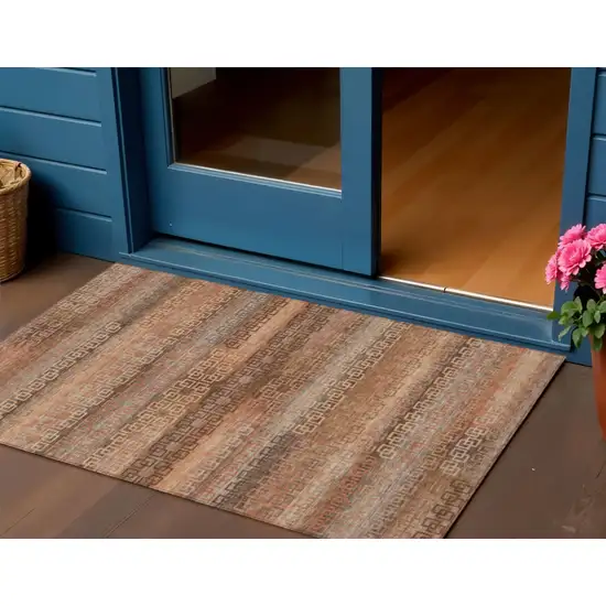 Copper And Peach Striped Washable Indoor Outdoor Area Rug Photo 2