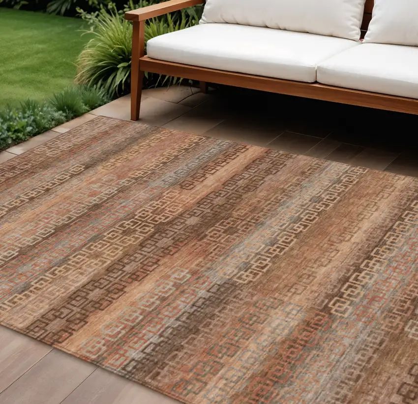 Copper And Peach Striped Washable Indoor Outdoor Area Rug Photo 2