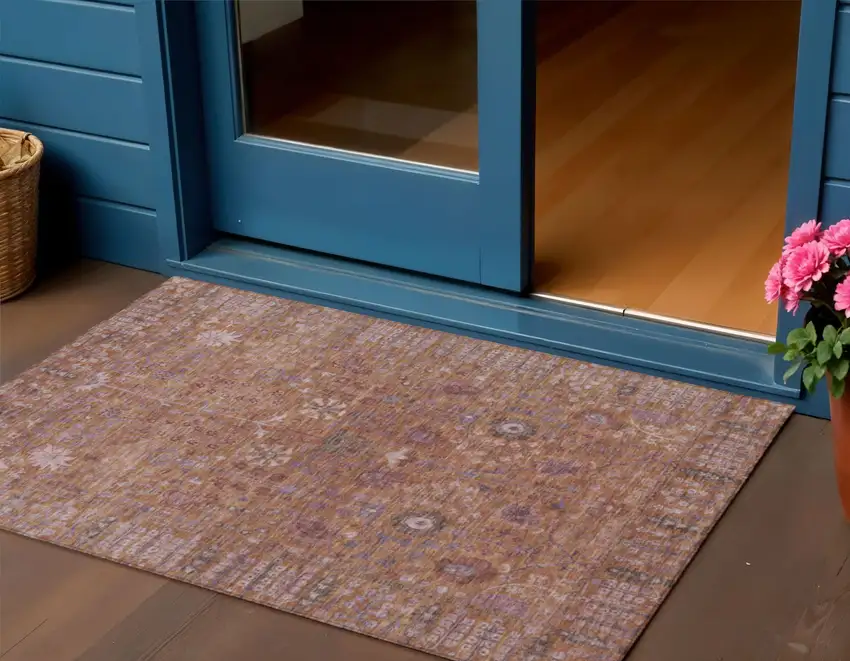 Copper And Purple Floral Washable Indoor Outdoor Area Rug Photo 1