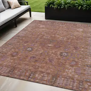 Photo of Copper And Purple Floral Washable Indoor Outdoor Area Rug