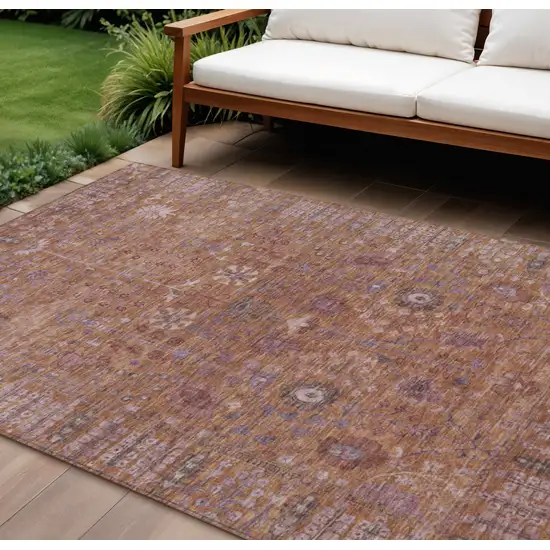 Copper And Purple Floral Washable Indoor Outdoor Area Rug Photo 1