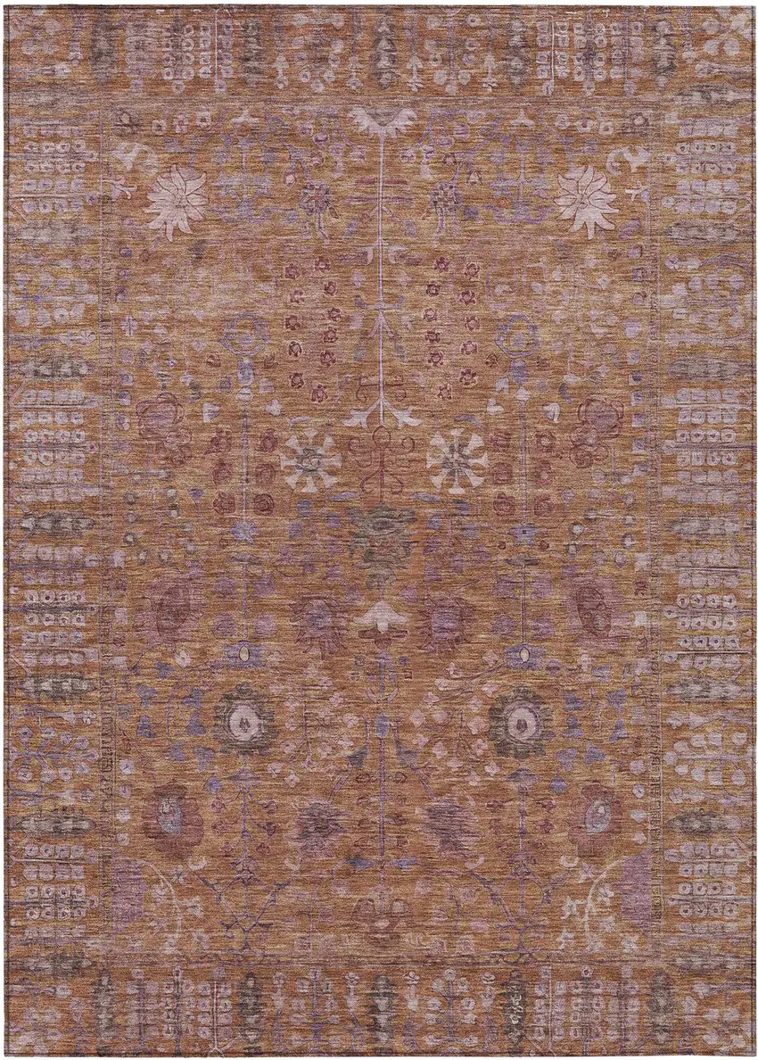 Copper And Purple Floral Washable Indoor Outdoor Area Rug Photo 2