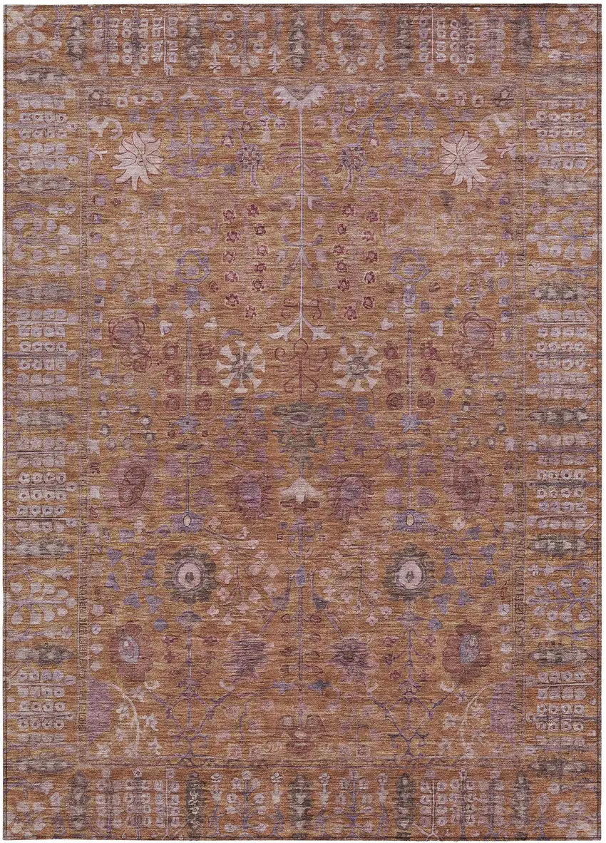 Copper And Purple Floral Washable Indoor Outdoor Area Rug Photo 4