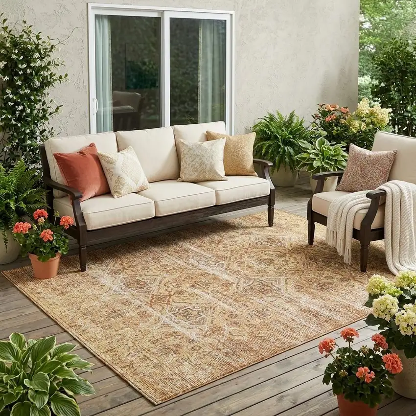 Copper And Purple Floral Washable Indoor Outdoor Area Rug Photo 1