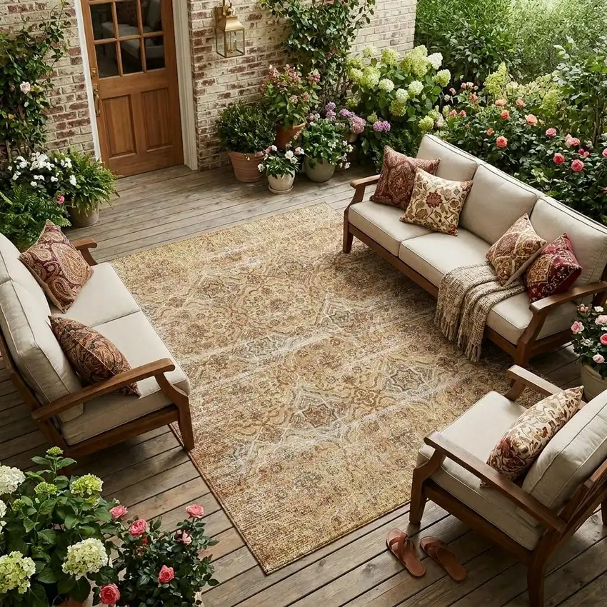 Copper And Purple Floral Washable Indoor Outdoor Area Rug Photo 1