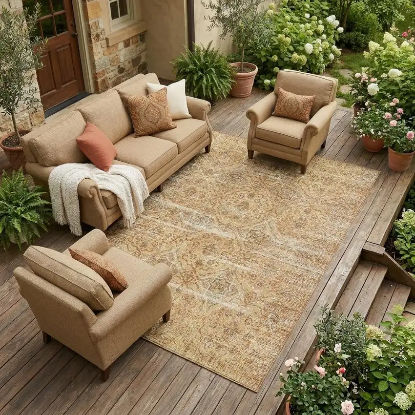 Copper And Purple Floral Washable Indoor Outdoor Area Rug Photo 1