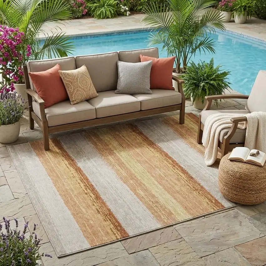 Copper And Purple Striped Washable Indoor Outdoor Area Rug Photo 1