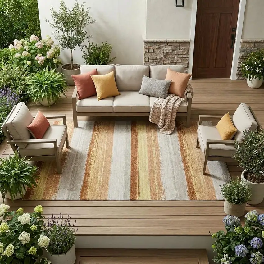 Copper And Purple Striped Washable Indoor Outdoor Area Rug Photo 1