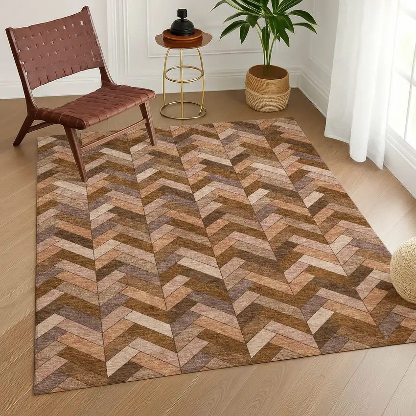 Copper And Rust Geometric Washable Indoor Outdoor Area Rug Photo 9