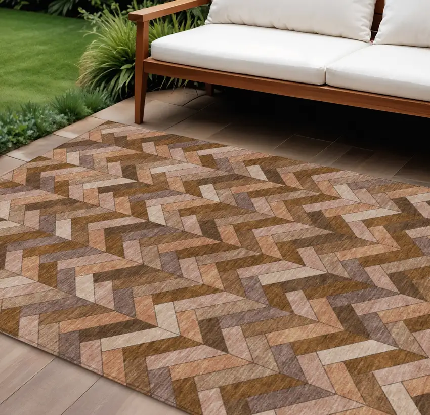 Copper And Rust Geometric Washable Indoor Outdoor Area Rug Photo 1