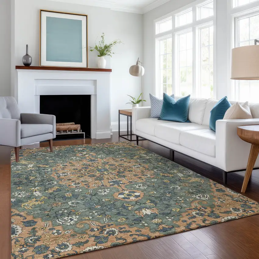 Copper And Sage Floral Medallion Washable Indoor Outdoor Area Rug Photo 6
