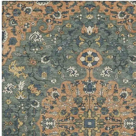 Copper And Sage Floral Medallion Washable Indoor Outdoor Area Rug Photo 2