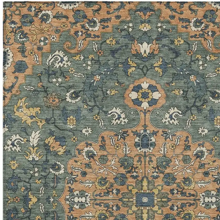 Copper And Sage Floral Medallion Washable Indoor Outdoor Area Rug Photo 2
